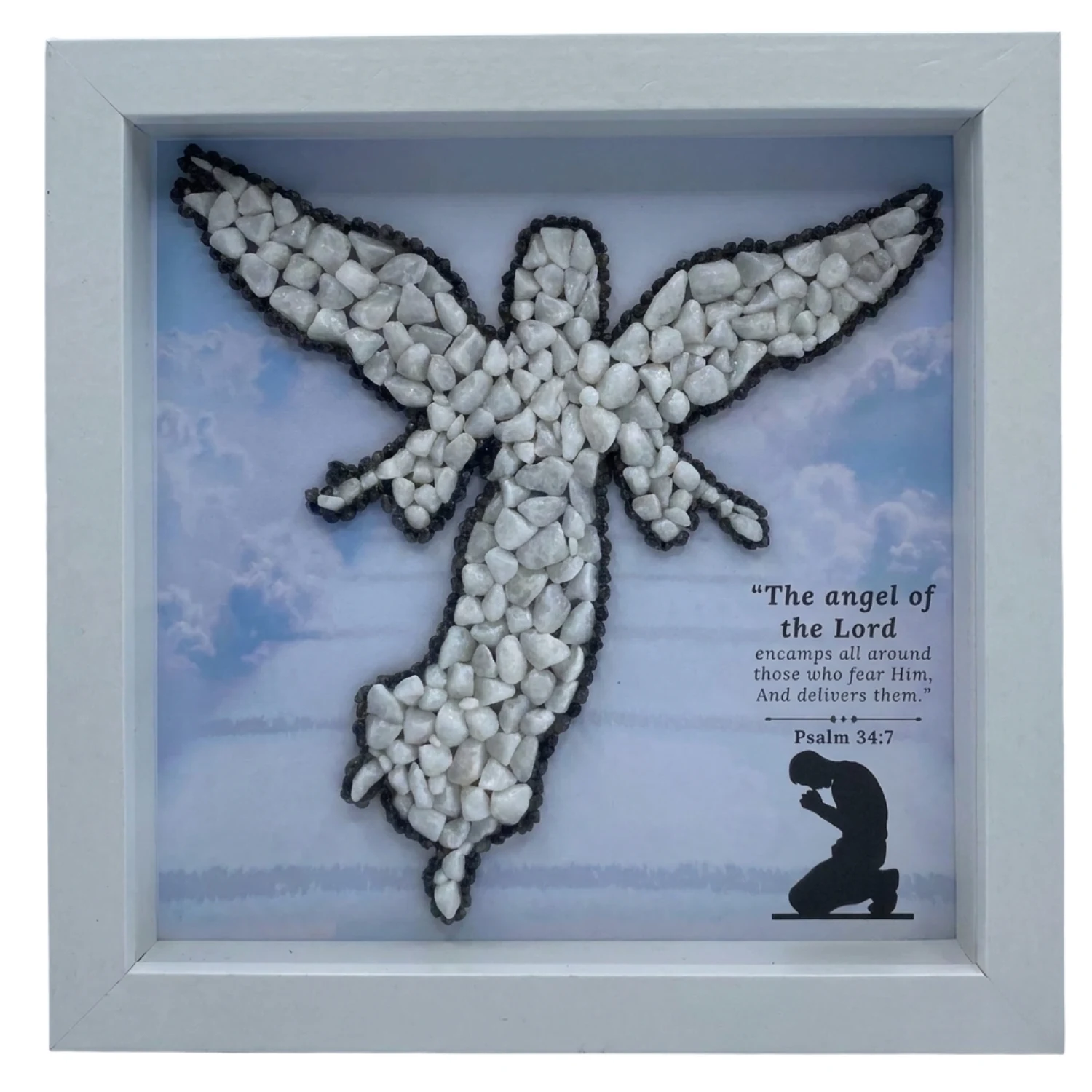 Angel handmade pebble art frame with Psalm 34:7